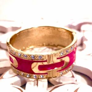Vintage 90s Pink Enamel Crystal Accent Women's Hinge Cuff Bangle